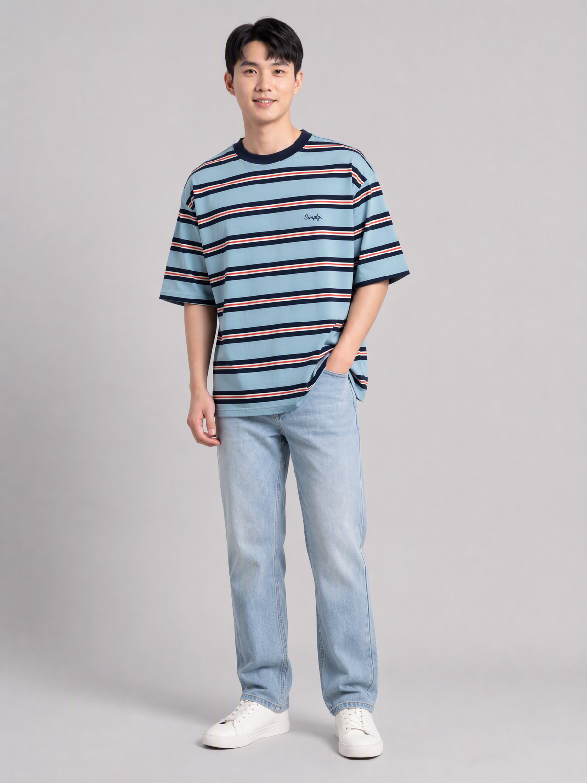 Simply. Unisex Oversize Embroidered Short Sleeve Stripe Tee (Blue) [240gsm] - Simply 