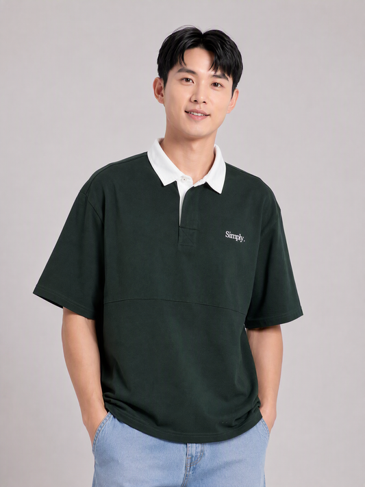 Simply . Men's White Collared Oversize Polo (Forest Green) - Simply 