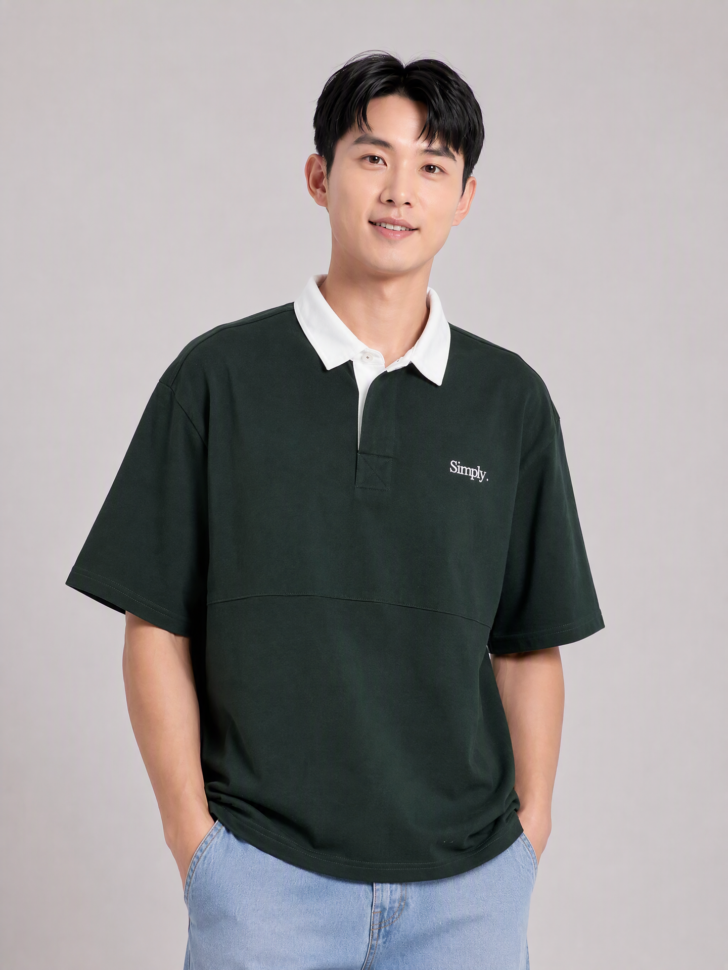 Simply . Men's White Collared Oversize Polo (Forest Green) - Simply 