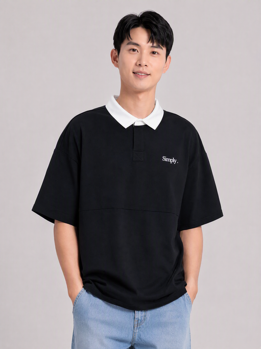 Simply . Men's White Collared Oversize Polo (Black) - Simply 