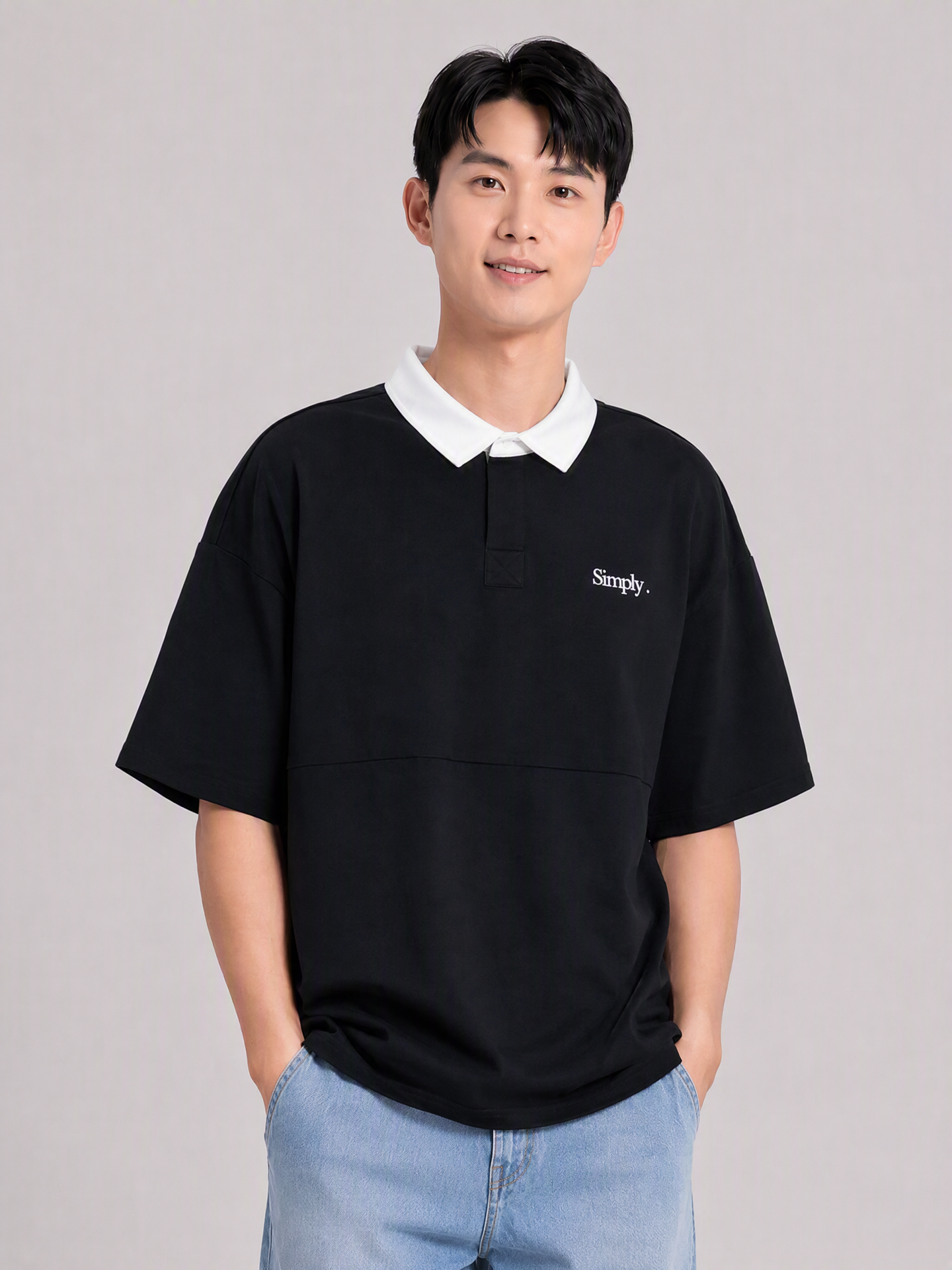 Simply . Men's White Collared Oversize Polo (Black) - Simply 