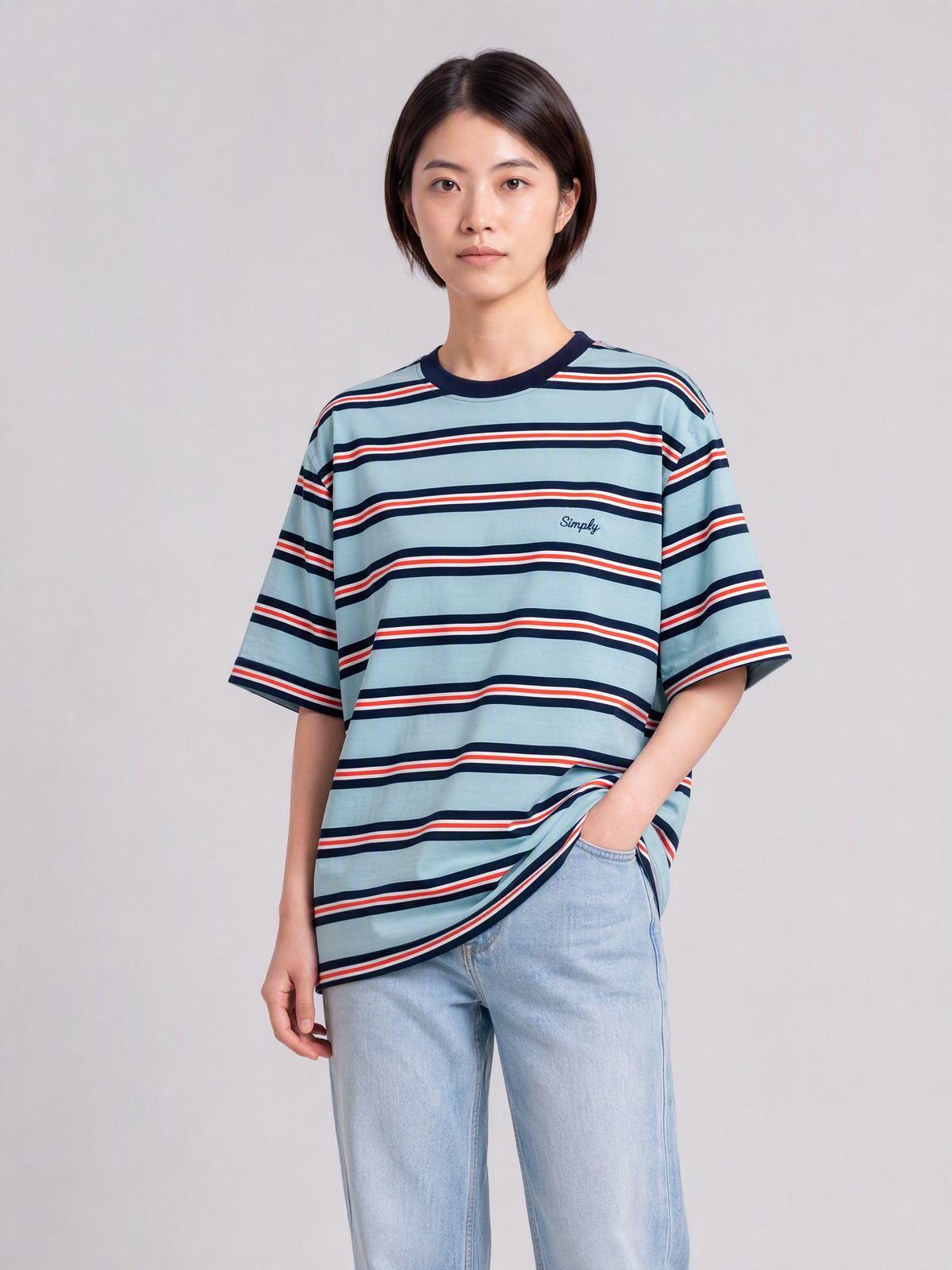 Simply. Unisex Oversize Embroidered Short Sleeve Stripe Tee (Blue) [240gsm] - Simply 