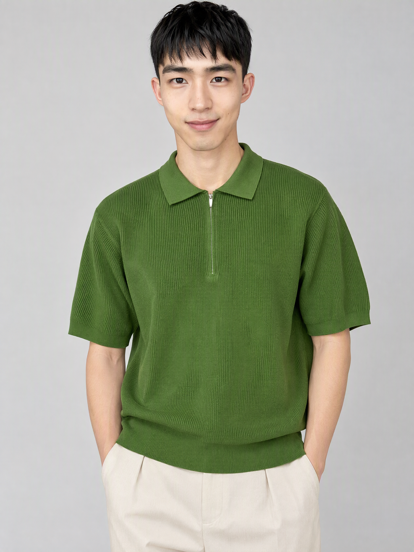 Men's Machine Washable Knitted Zipper Polo (Green)