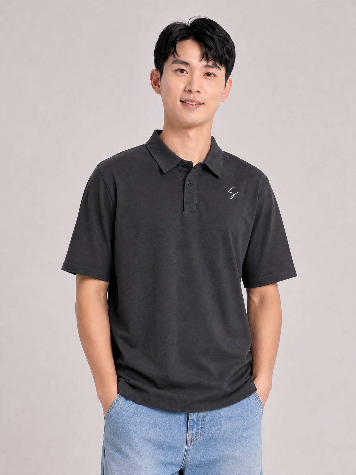 [BUNDLE in 2] Simply. Unisex S Embroidered Polo (Black and Grey)