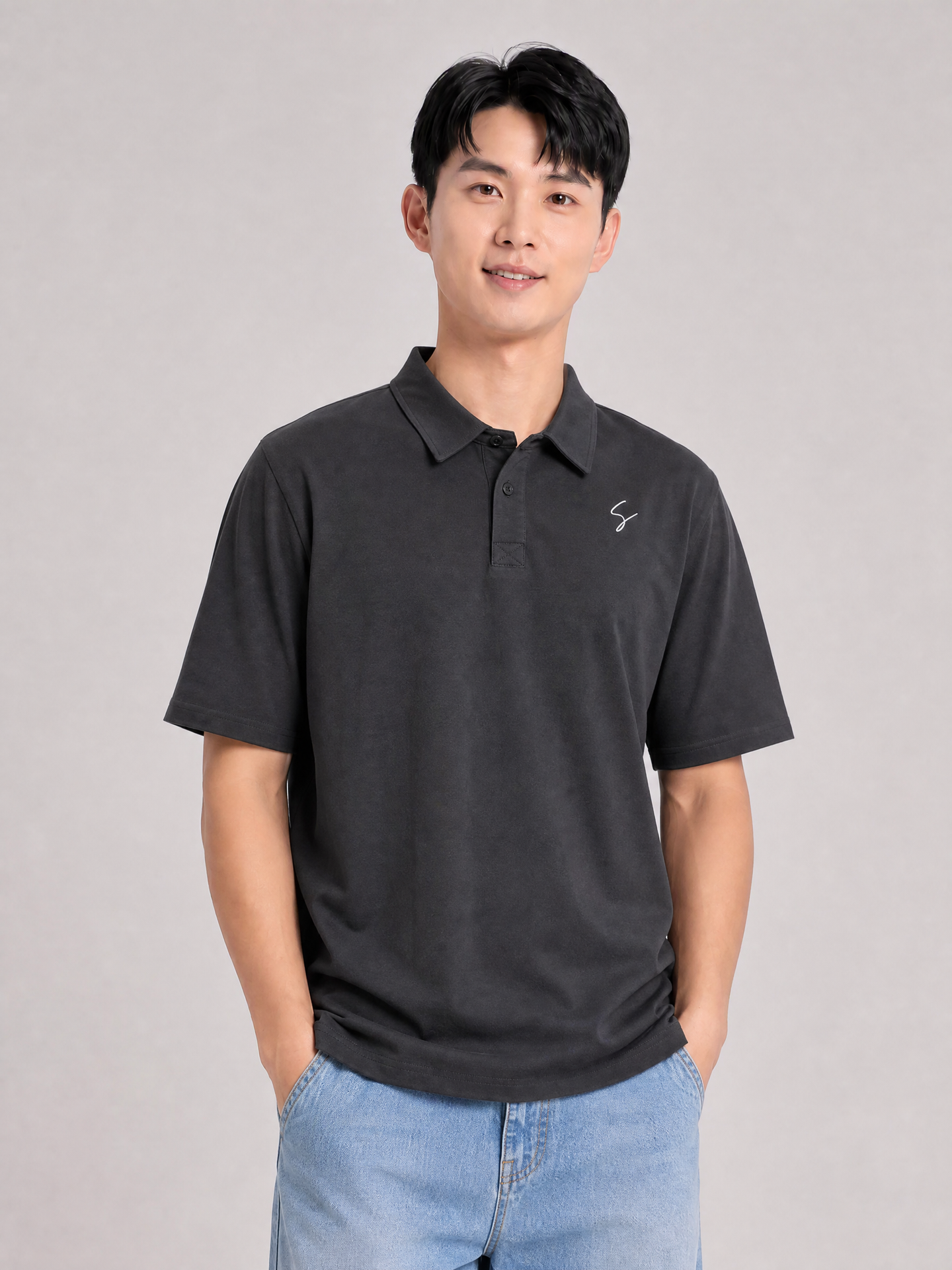 [BUNDLE in 2] Simply. Unisex S Embroidered Polo (Black and Grey)