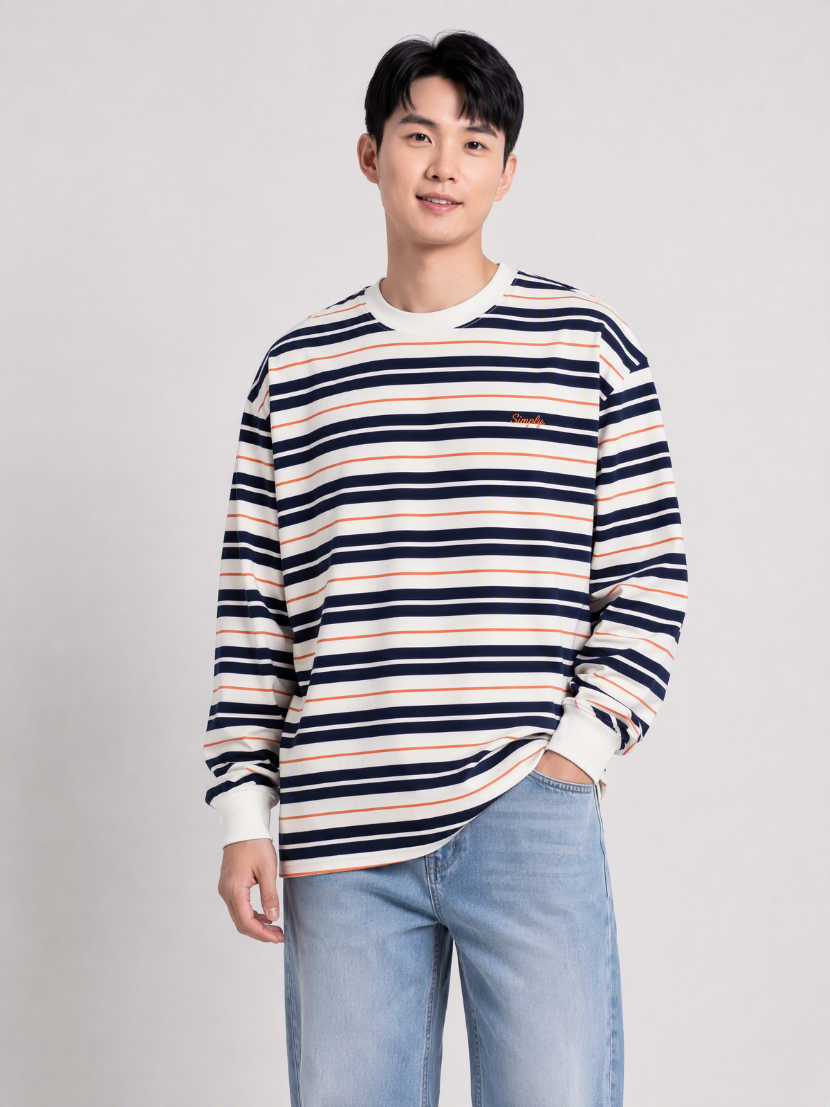 Simply. Unisex Oversize Embroidered Long Sleeve Stripe Tee (Navy) [280gsm] - Simply 