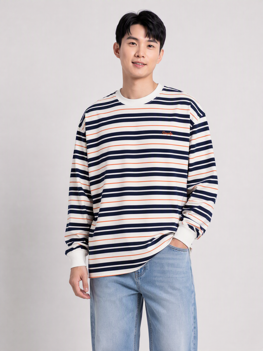 Simply. Unisex Oversize Embroidered Long Sleeve Stripe Tee (Navy) [280gsm] - Simply 