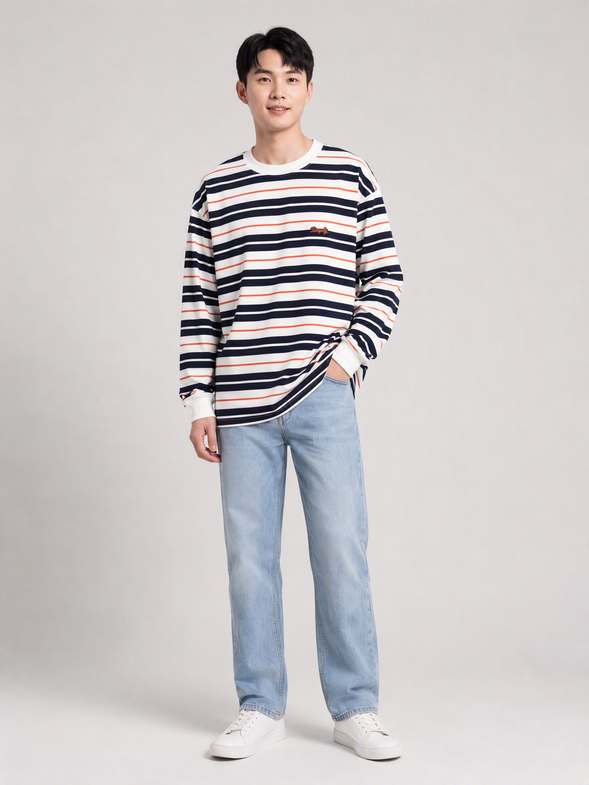 Simply. Unisex Oversize Embroidered Long Sleeve Stripe Tee (Navy) [280gsm] - Simply 
