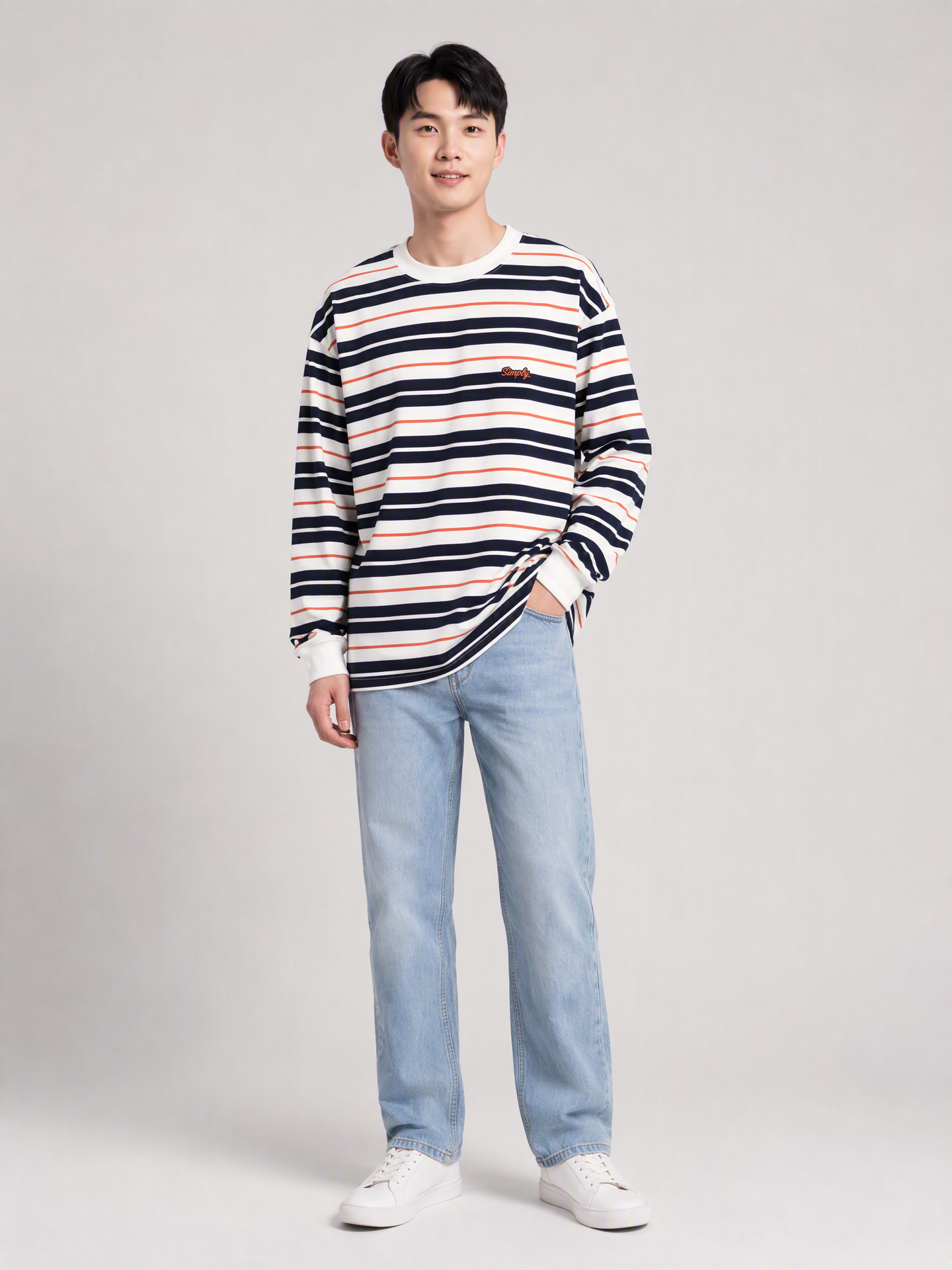 Simply. Unisex Oversize Embroidered Long Sleeve Stripe Tee (Navy) [280gsm] - Simply 