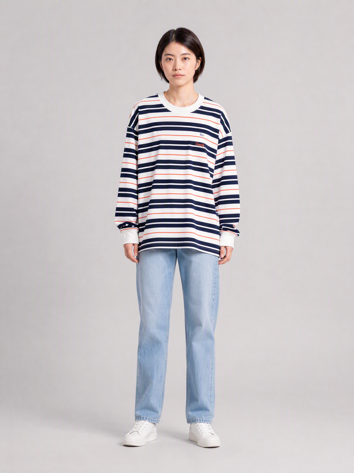 Simply. Unisex Oversize Embroidered Long Sleeve Stripe Tee (Navy) [280gsm] - Simply 
