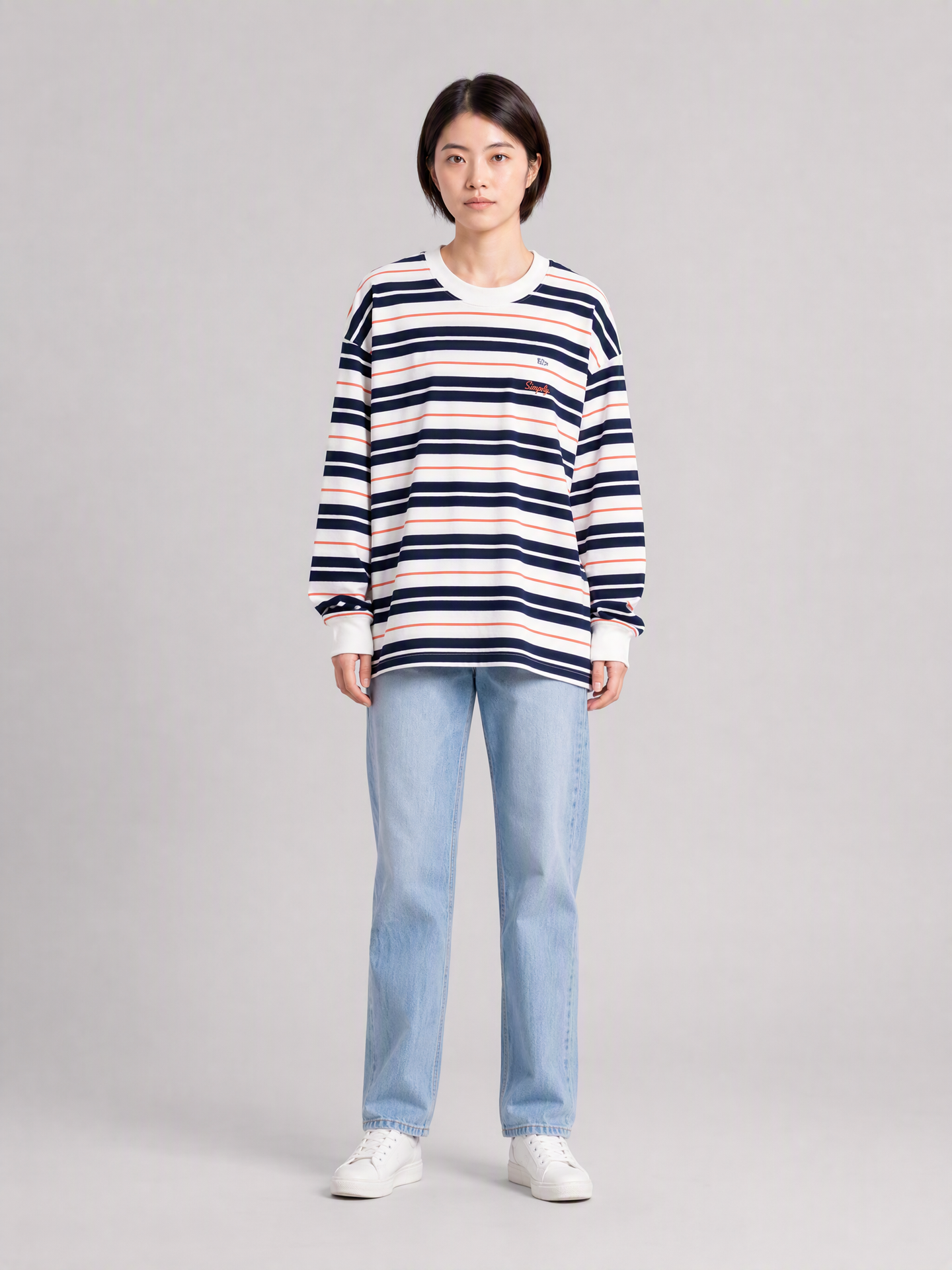 Simply. Unisex Oversize Embroidered Long Sleeve Stripe Tee (Navy) [280gsm] - Simply 